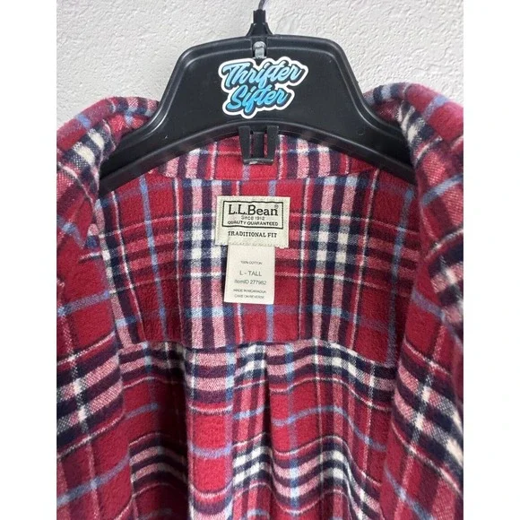 L.L. Bean Mens L-Tall Red Traditional Fit Plaid Long Sleeve Flannel Button Shirt - Picture 5 of 5